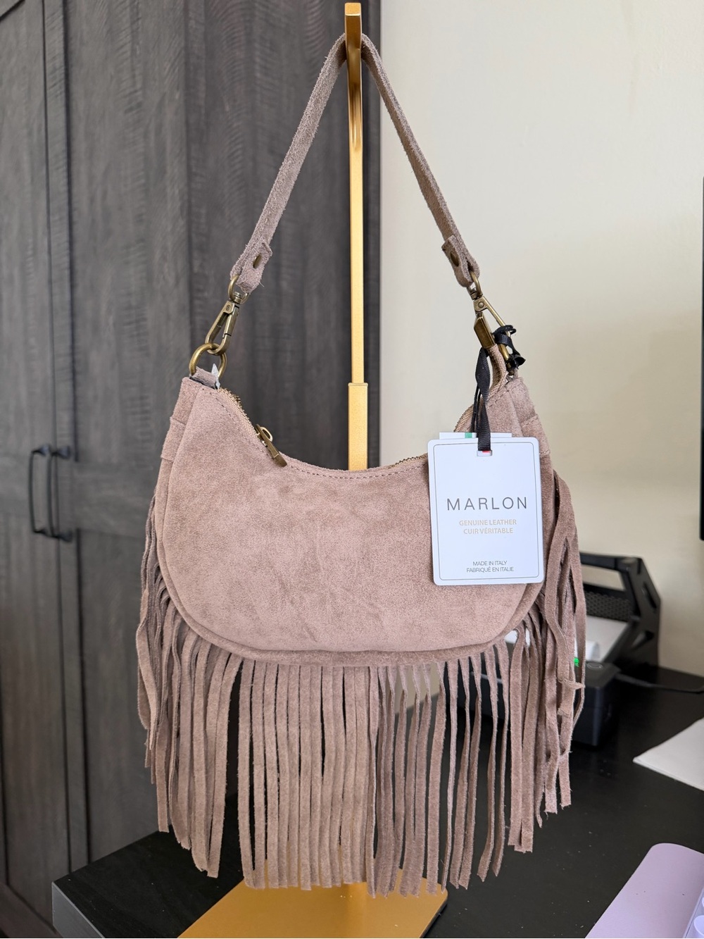 MARLON Genuine Suede Fringe Hobo Bag tan with adjustable crossbody strap NWT